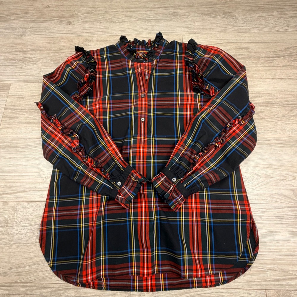J.Crew Womens Red Tartan Plaid Ruffle Trim Cotton Top‎ Long Sleeve Medium - Picture 7 of 9